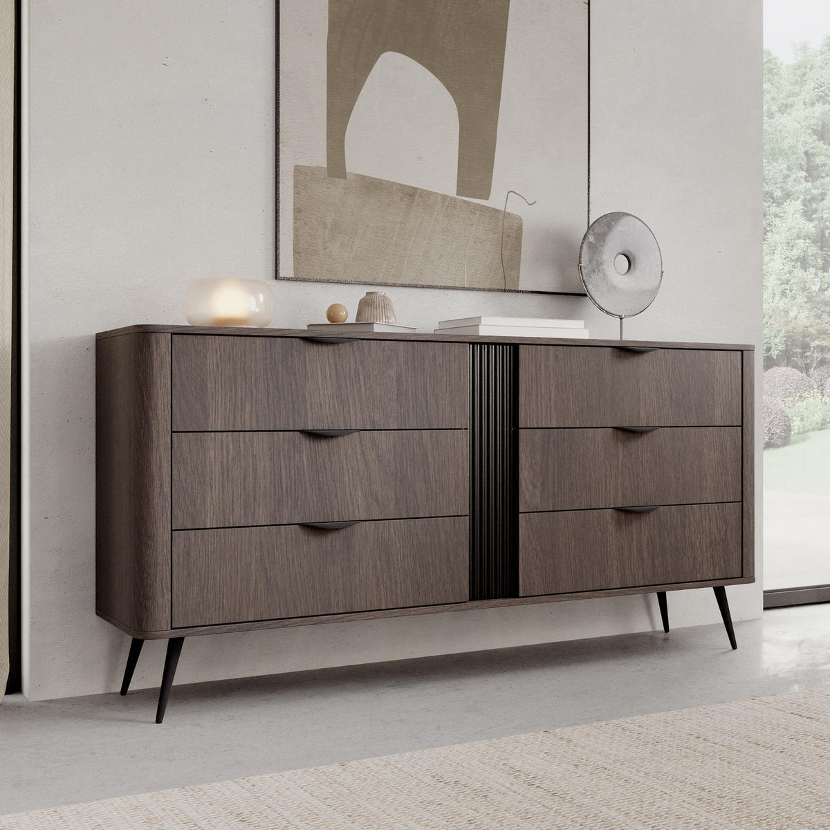 SIDEBOARD Terzo 2D 3S Eiche Dunin mit Rillendekor - Schwarz Metallfüße - Eichefarben/Schwarz, Holz/Holzwerkstoff (163/81/38cm) - Ravio