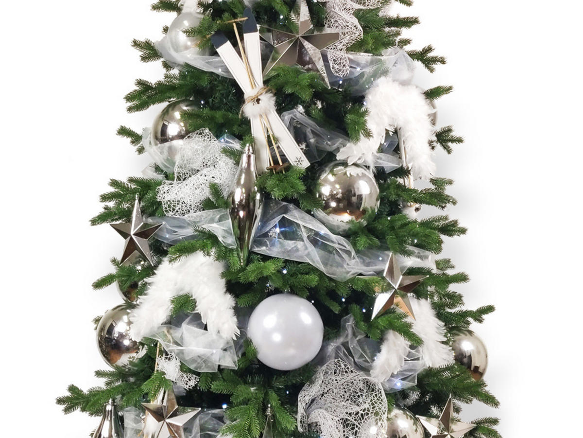 WEIHNACHTSBAUM geschmückt künstlich mit 118 Stk Kugeln SCHNEEGESCHENK 300 cm mit Metallständer - Silberfarben/Weiß, Kunststoff (300cm) - LAALU
