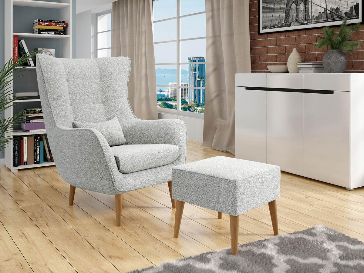 SESSEL Estjano Boucle mit Fußbank - Beige/Hellgrau, Holz/Textil (80/106/95cm) - MIRJAN24