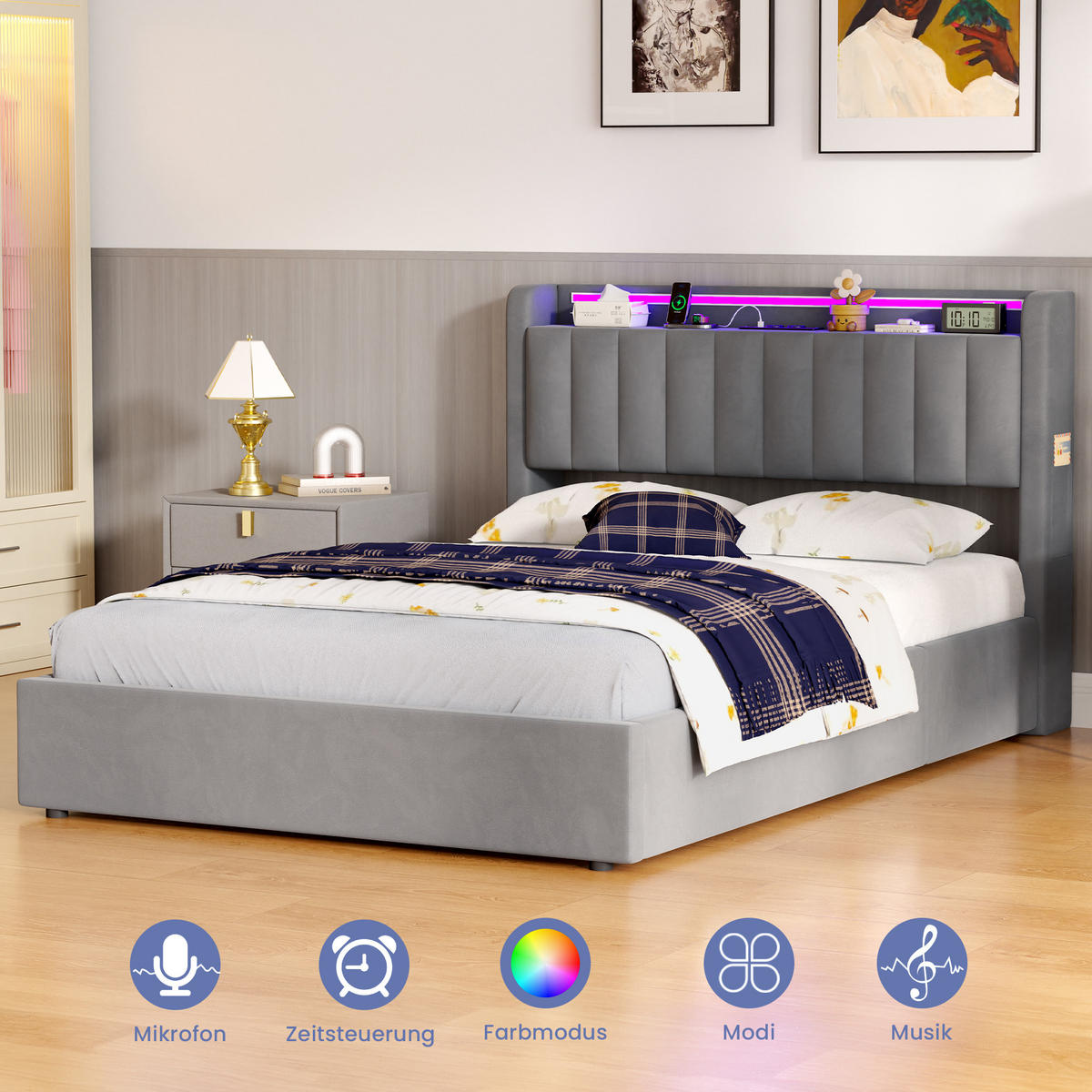 POLSTERBETT 140/200 cm aus Samt mit Bettkasten LED Beleuchtung und USB Anschlüssen - Grau, Textil (140/200cm) - BEAOK