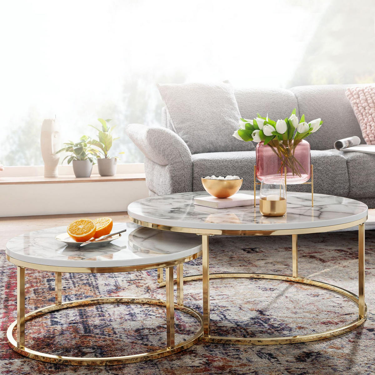 COUCHTISCH 2er Set Marmoroptik Metall Eichenholz Ineinanderschiebbar, Gold 80x80x36 cm - Goldfarben, Holz/Metall (80/80/36cm) - KADIMA DESIGN