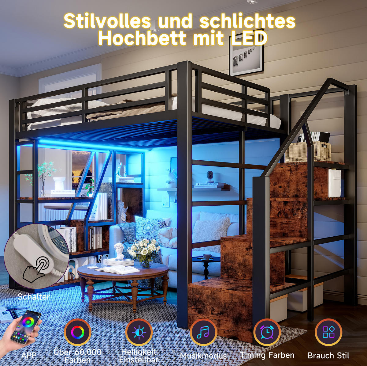 HOCHBETT 140/200 cm aus Metall und MDF mit LED-Lichtleiste und Stauraum Schwarz - Schwarz, Holzwerkstoff (140/200cm) - Modenvie