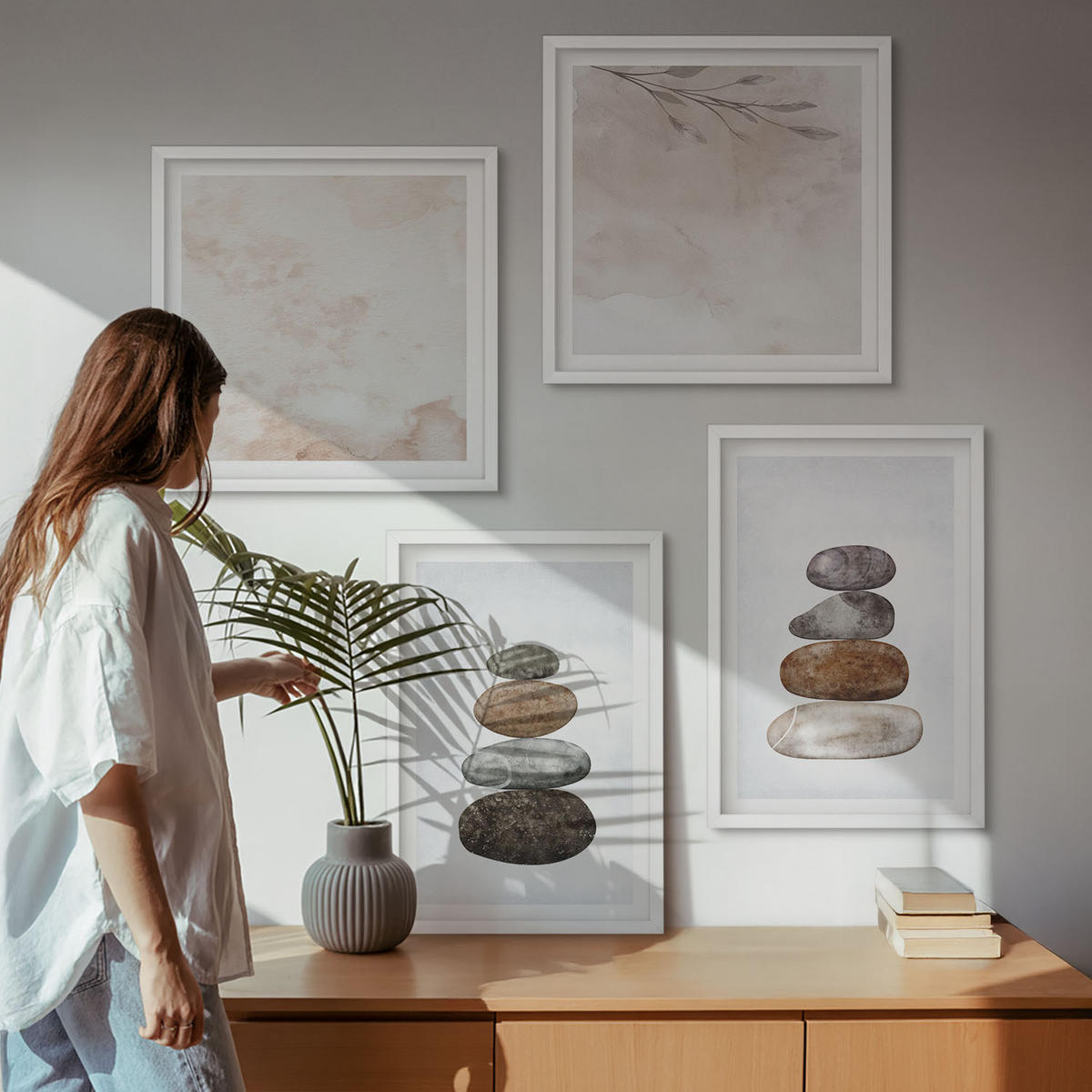 WANDBILDER 4er-Set - 50x50 cm & 40x60 cm Weißer Rahmen - Steinstapel-Boho-Malerei - Weiß, Kunststoff (50/50cm) - ArtPrintCave