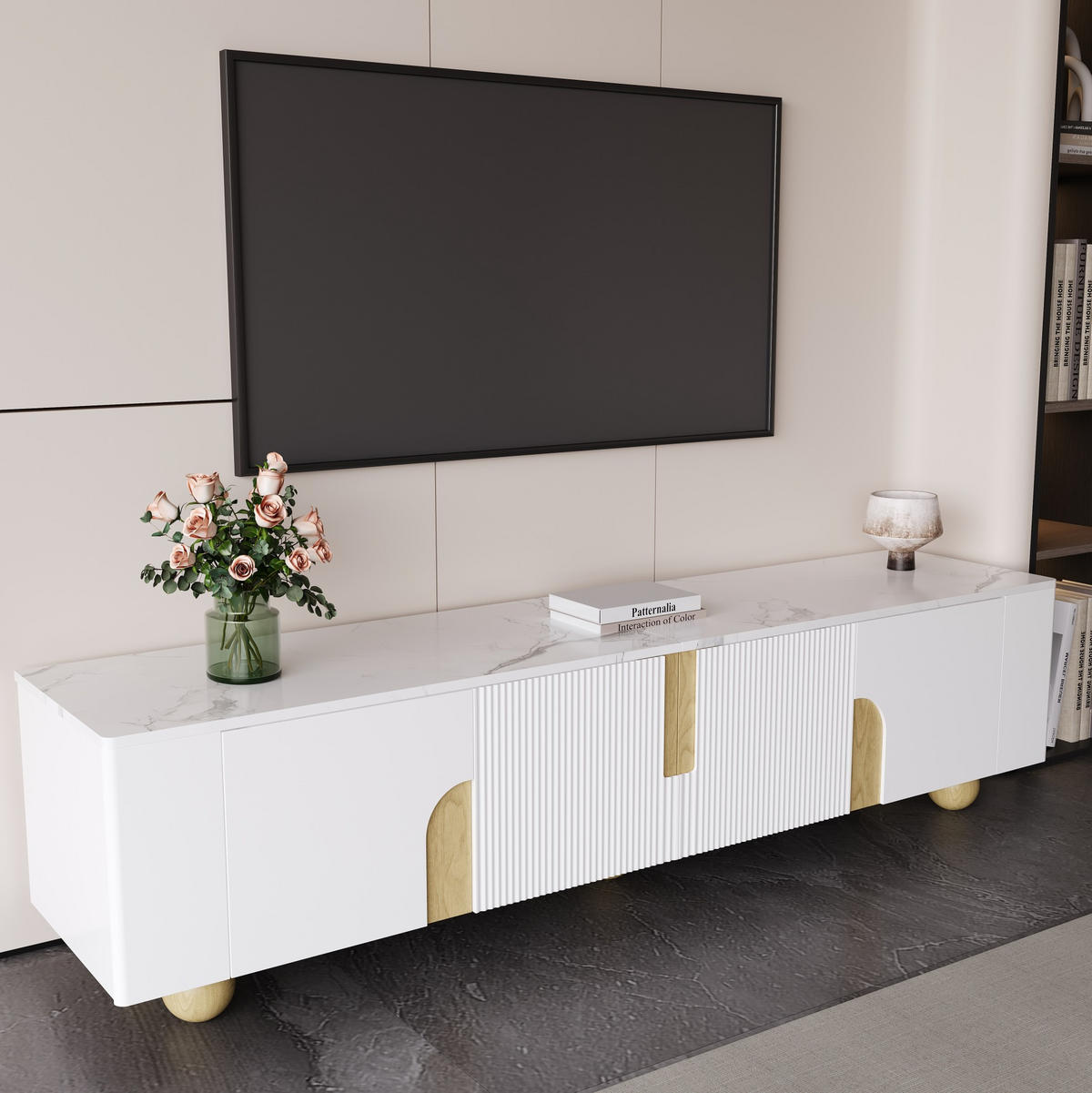 TV-SCHRANK in Weiß und Holzoptik mit 4 Türen und Marmoroptik 180/40/44 cm - Weiß, Holzwerkstoff (180/44/40cm) - Redom