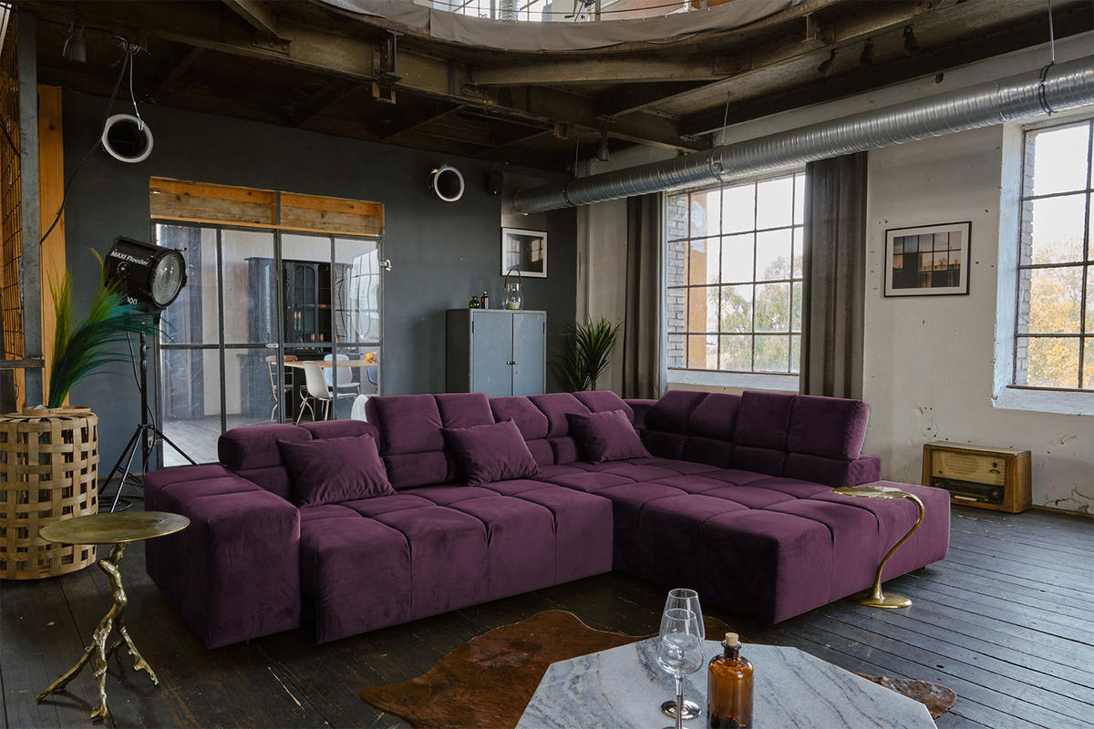 ECKSOFA MIT MOTORISCHEM SITZVORZUG NEVADA Violett Velvet - Violett/Schwarz, Textil (319/215cm) - KAWOLA