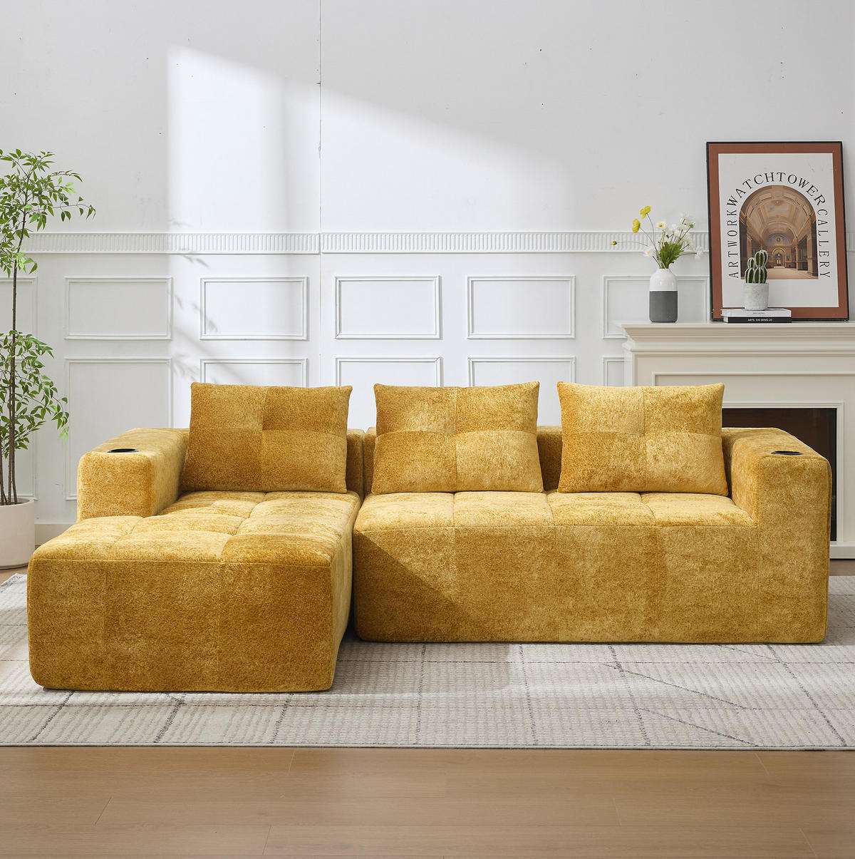 ECKSOFA 258 cm mit Becherhaltern, tiefem Sitzkomfort und Chenille-Bezug, Gelb - Gelb, Textil (258/163cm) - Redom