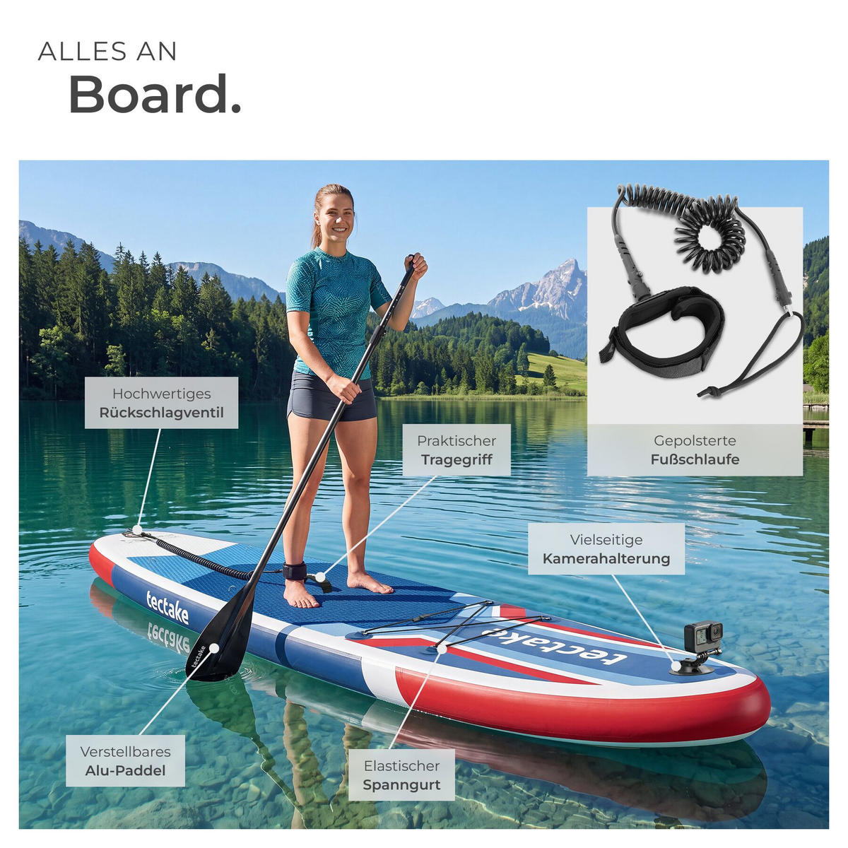 STAND UP PADDLE BOARD Poseidon, Belastbarkeit 200 kg, inklusive Kajak-Sitz, rot/blau - Rot, Kunststoff (320/84/0.4cm) - tectake