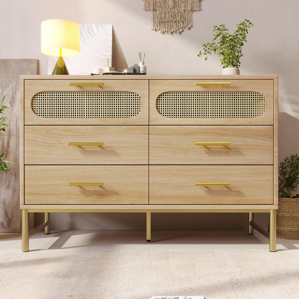KOMMODE in Eichenfarben Sideboard mit 6 Schubladen für Wohnzimmer und Schlafzimmer, B120/T40/H77 cm - Eichefarben/Goldfarben, Holzwerkstoff/Metall (120/74/40cm) - STILVORA