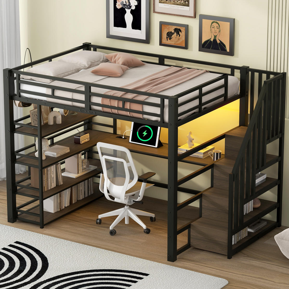 HOCHBETT 140/200 cm in Schwarz mit Treppe, Schreibtisch, Regal, LED und USB - Schwarz, Holzwerkstoff/Metall (140/200cm) - STILVORA