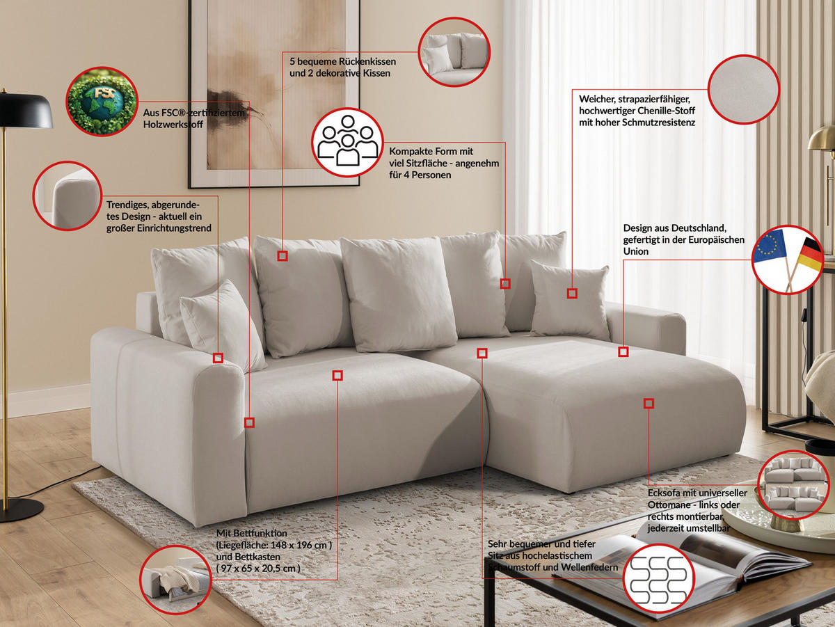 ECKSOFA Calma mit Schlaffunktion und Bettkasten im Bumpy-Design aus weichem Beige Webstoff - Ottomane rechts - Beige/Schwarz, Holz/Kunststoff (140/239cm) - S-Style