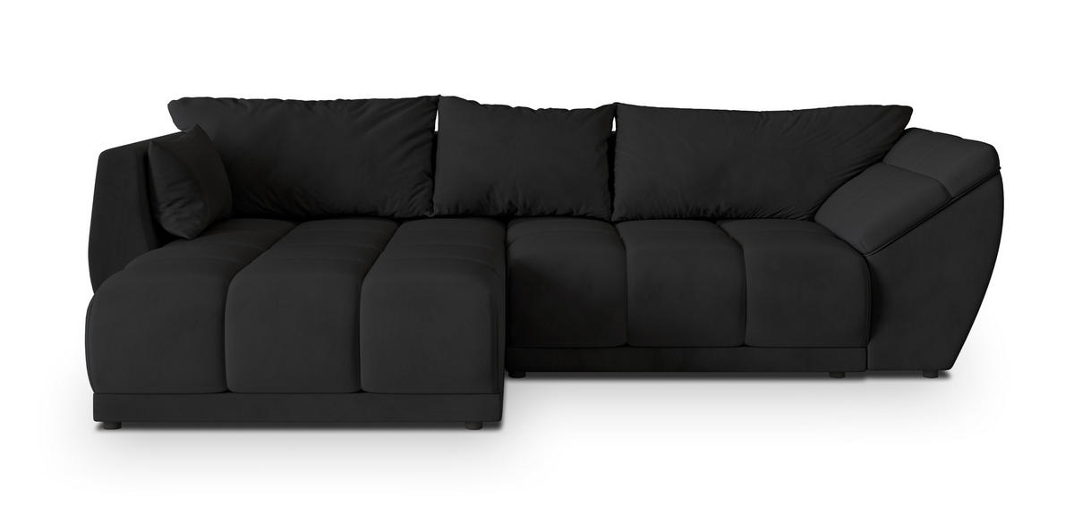 ECKSOFA ORENTI L-S Schwarz Velours-Stoff mit Schlaffunktion - Schwarz, Holz (287/182cm) - MASSENO