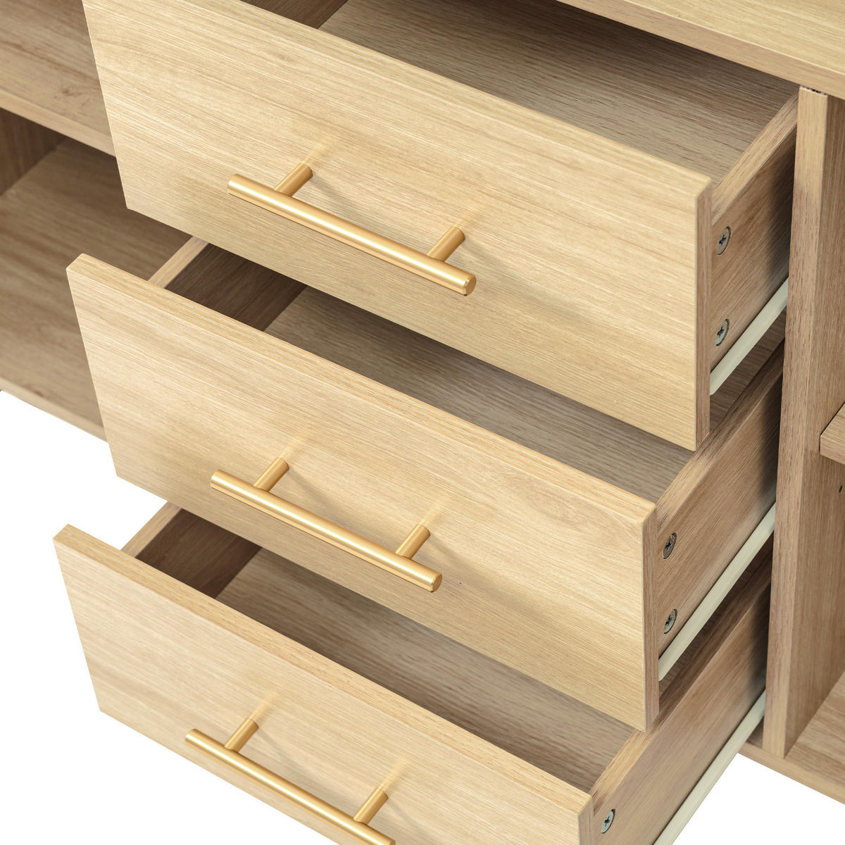 KOMMODE in Eichenfarben Sideboard mit Rattan-Türen und Schubladen für Wohnzimmer und Schlafzimmer, B120/T40/H74 cm - Eichefarben/Goldfarben, Holzwerkstoff/Metall (120/74/40cm) - STILVORA