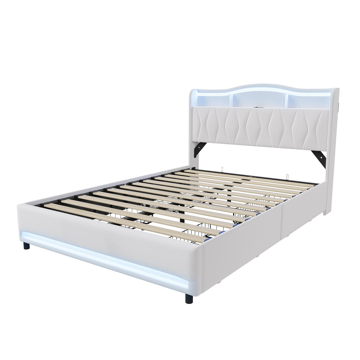 POLSTERBETT 160x200 cm Beige mit LED, USB-C, 4 Schubladen - Beige, Holz (160/200cm)