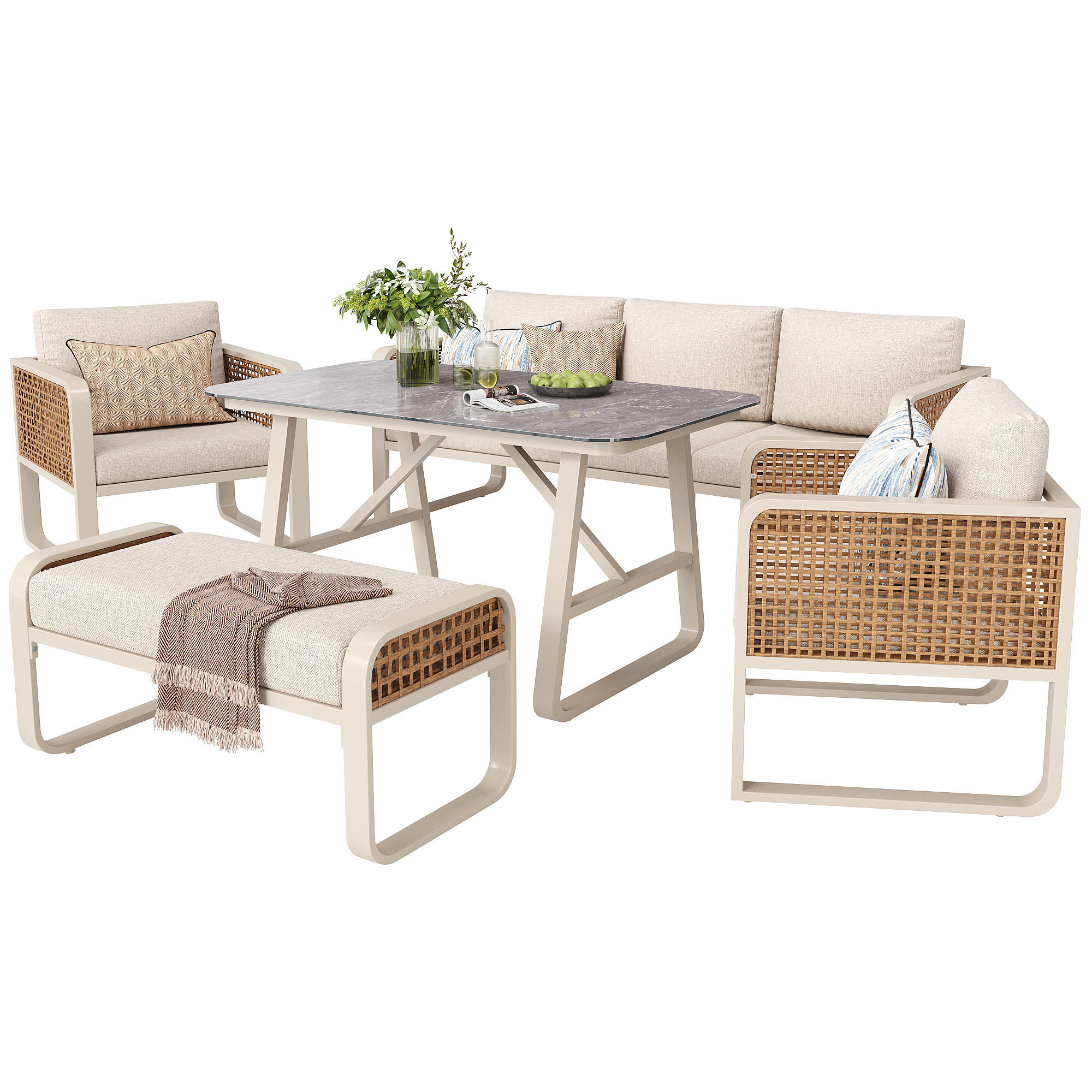 LOUNGESET 6-7 Personen Beige PE-Rattan Mit Waschbaren Kissen - Beige, Metall - FLIEKS
