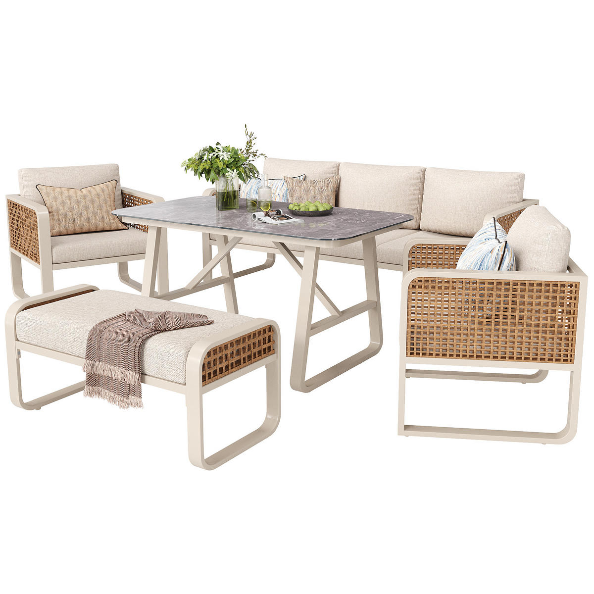 LOUNGESET 6-7 Personen Beige PE-Rattan Mit Waschbaren Kissen - Beige, Metall - FLIEKS