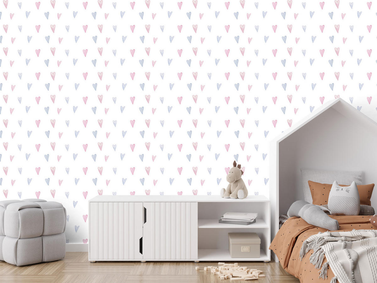 VLIESTAPETE Kleine Pastellherzen – Rosa, Mint, Weiß – 50x1000 cm - Rosa/Weiß, Papier (50/1000cm) - Muralo