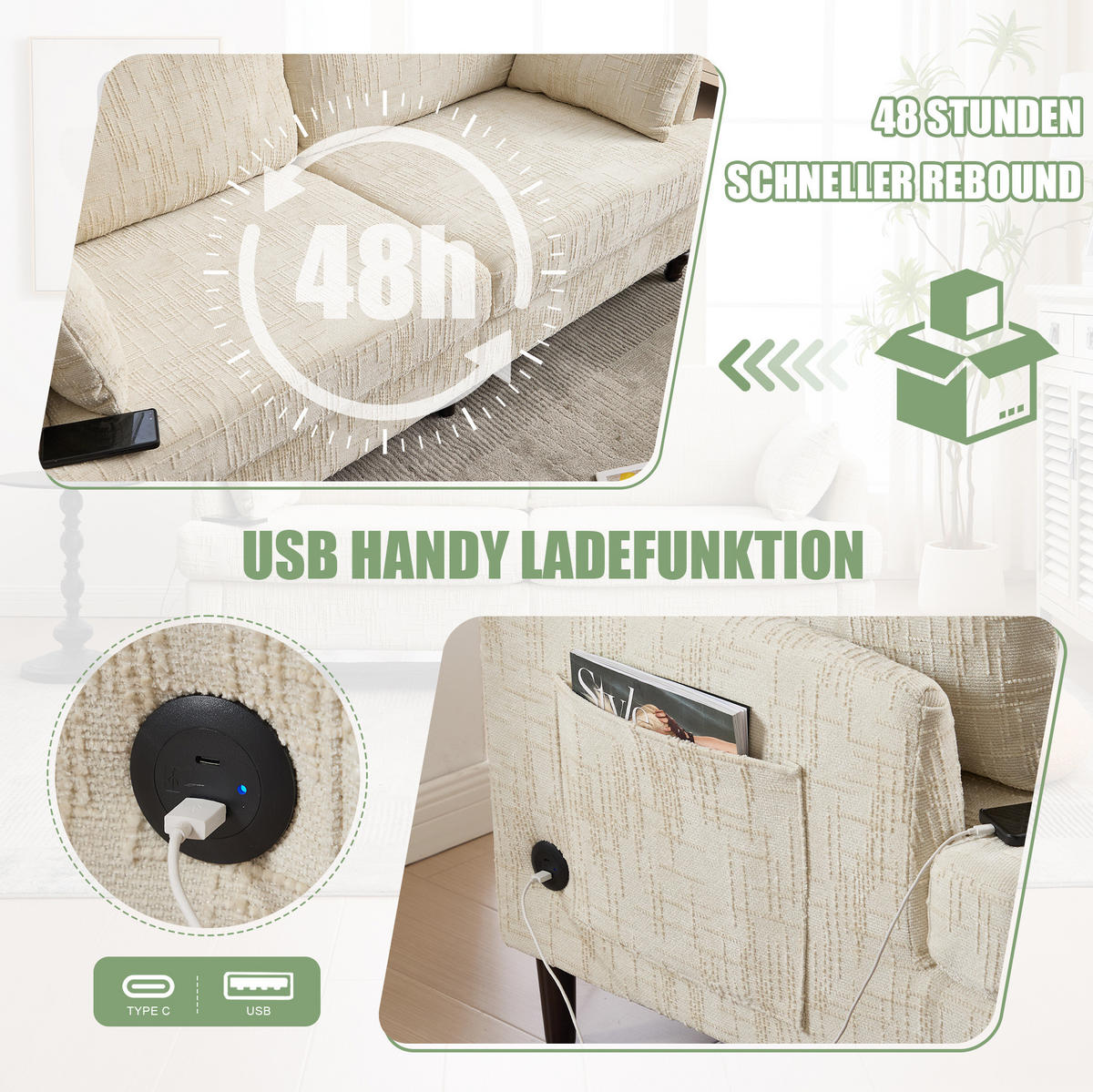 2-SITZER Sofa Chenille mit USB-Anschluss und LED-Licht 175/83/78 cm Beige - Beige, Textil (175/78/83cm) - Redom
