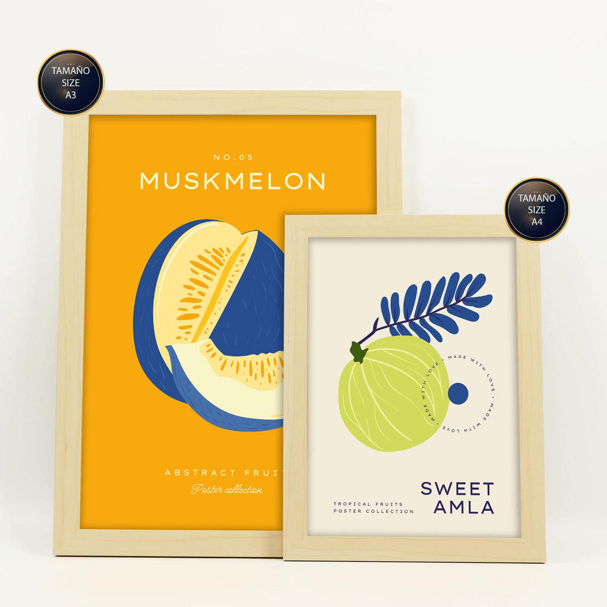 POSTER Set Mit 6 Lebensmittel Und Ernährungs Tropische Früchte A3 & A4 Rahmen Aus Hellem Holz - Beige, Papier (29/3cm) - Nacnic