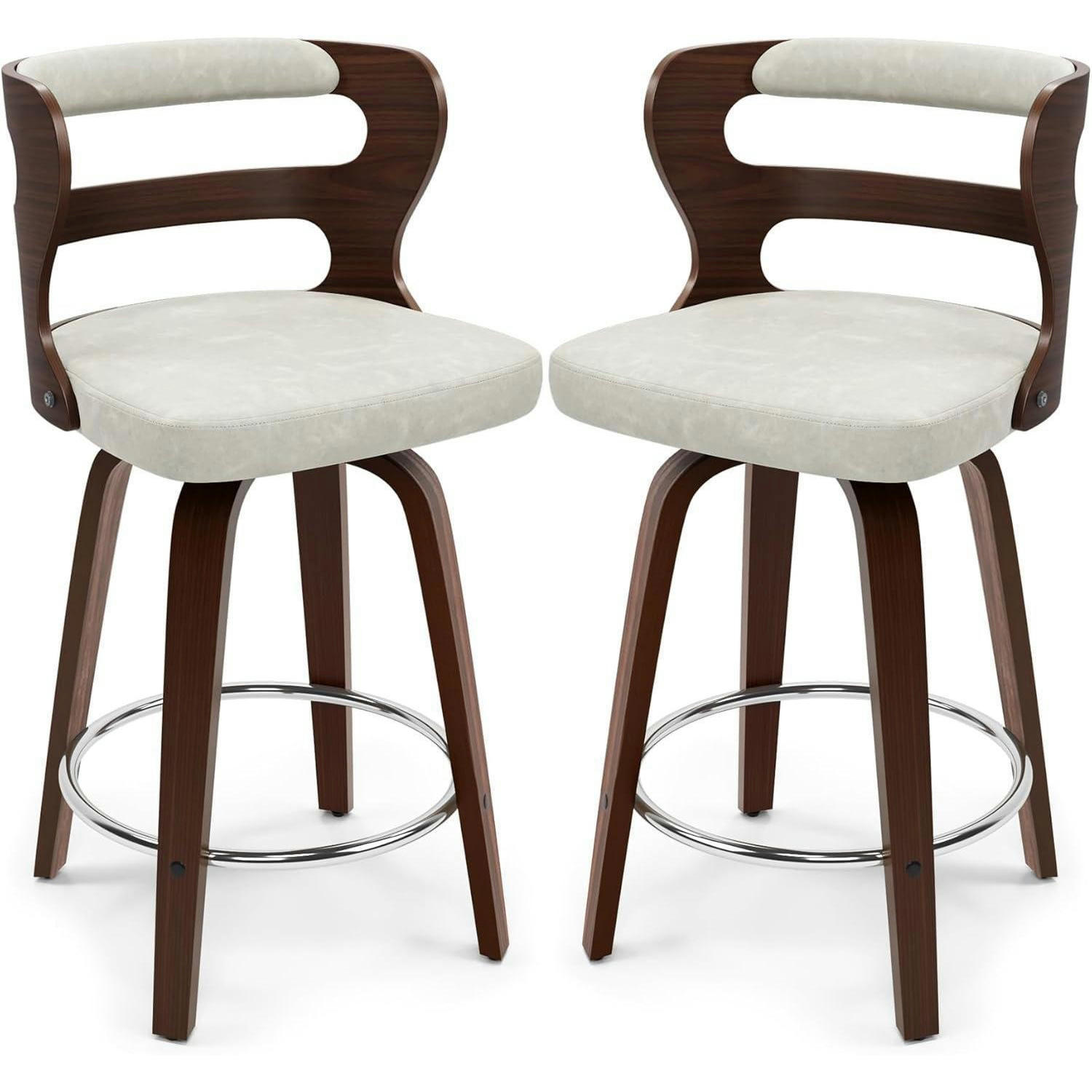 BARHOCKER 2er Set mit Lehne und Armlehnen 66 cm Hoch Holz Kunstleder Beige+Dark Walnut - Beige, Holz (54/94/94cm)