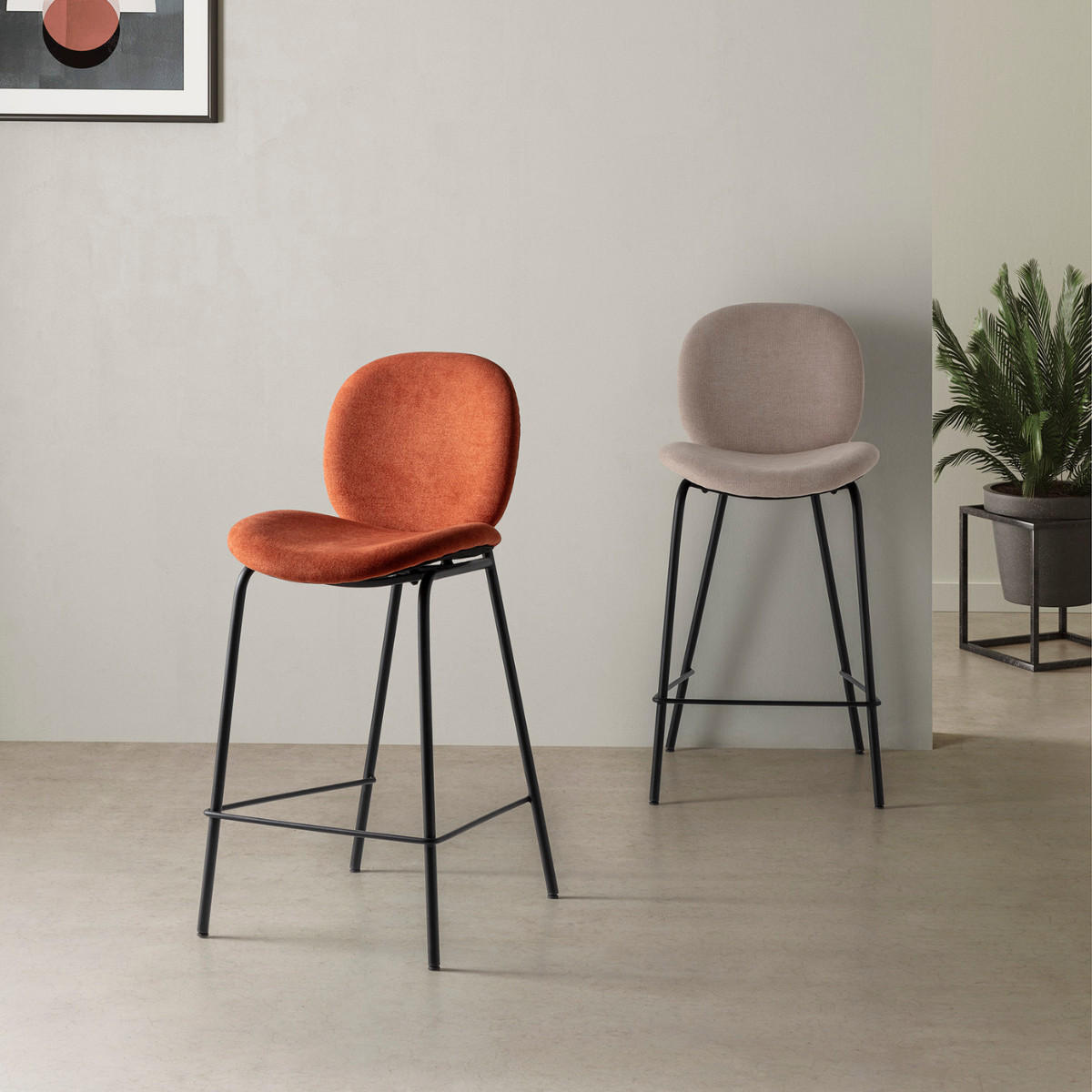 BARHOCKER (Set aus 2) aus Stoff mit schwarzen Metallbeinen - cori 43/54/66 cm - Beige, Textil (54/66/43cm) - Drawer