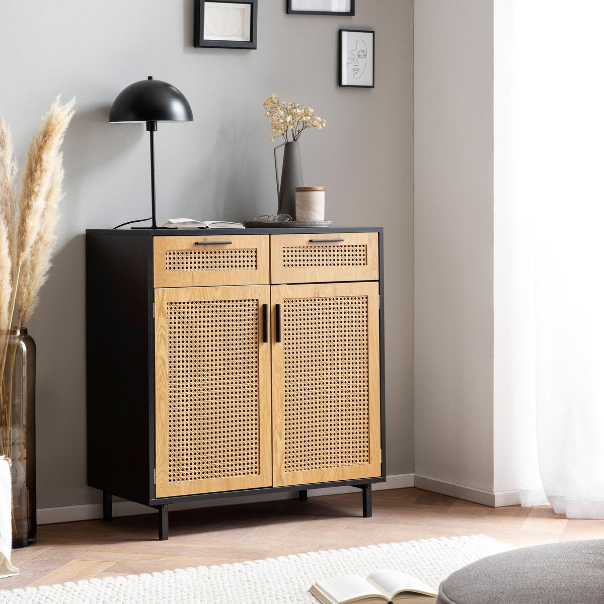 SIDEBOARD – Schwarz, 80x86,5x40 cm, mit Wiener Geflecht, 2 Türen, Schubladen, hoch - Schwarz, Holzwerkstoff/Metall (80/87/40cm) - KADIMA DESIGN