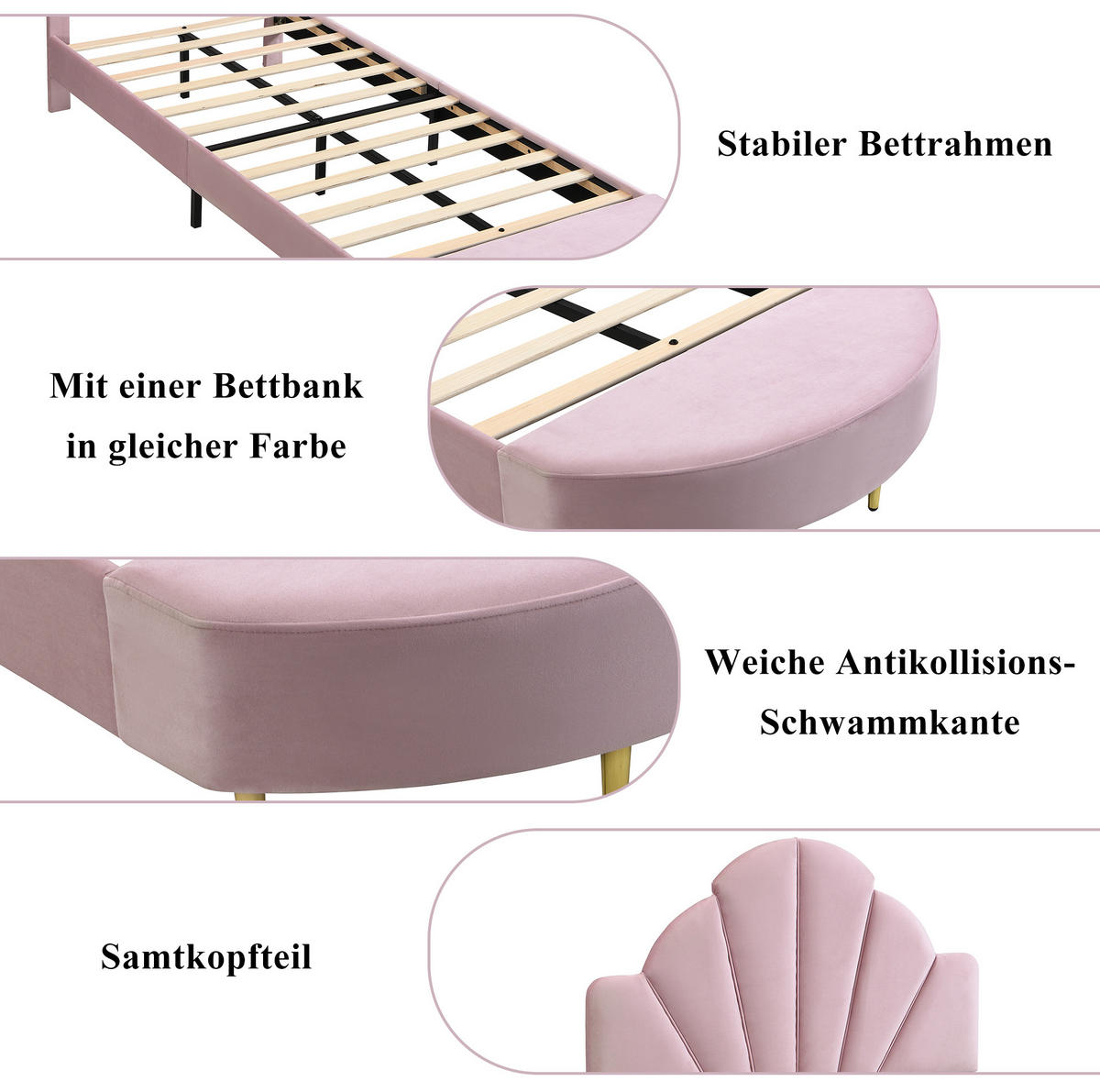 POLSTERBETT 90/200 cm aus Samt mit Bettbank und Antikollisionskante, Rosa - Rosa, Textil (90/200cm) - Redom