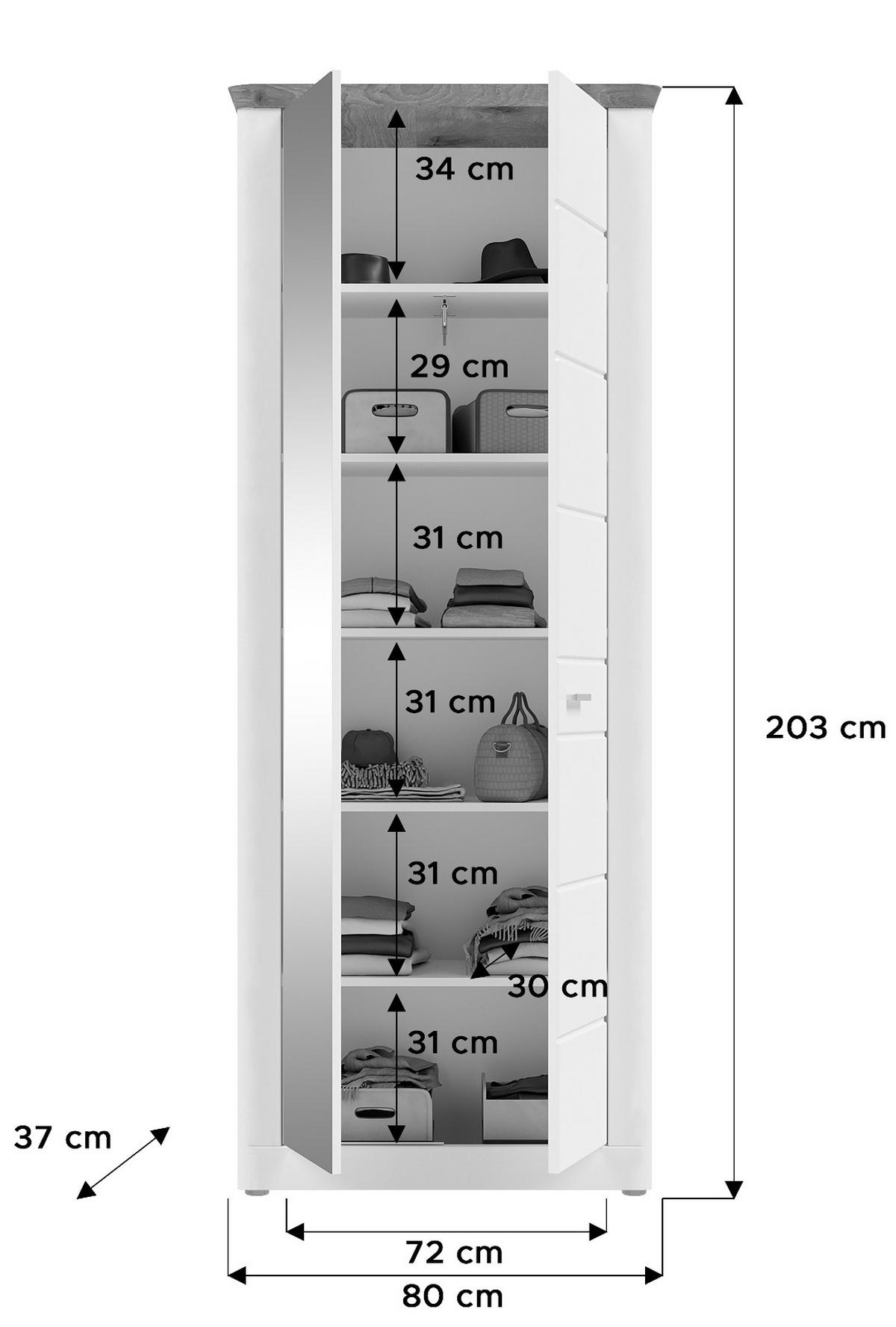 GARDEROBENSCHRANK weiß matt und Eiche 79 x 204 cm, mit Soft-Close - Eichefarben/Silberfarben, Glas/Holzwerkstoff (79/204/37cm) - Inn.Furn