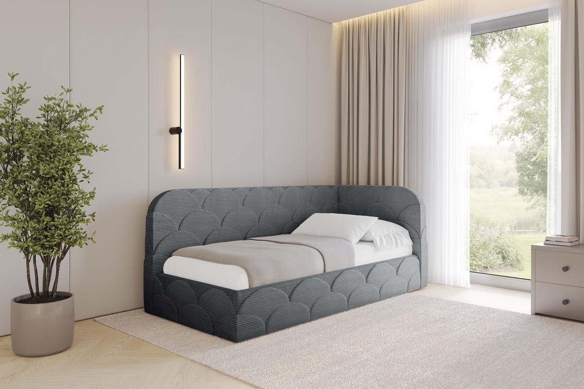 EINZELLBETT Jugendbett mit Bettkasten und Matratze H3/H4, Links - ELRY 90x200 Dunkelgrau - Graphitfarben, Holzwerkstoff/Textil (90/200cm) - ALTDECOR