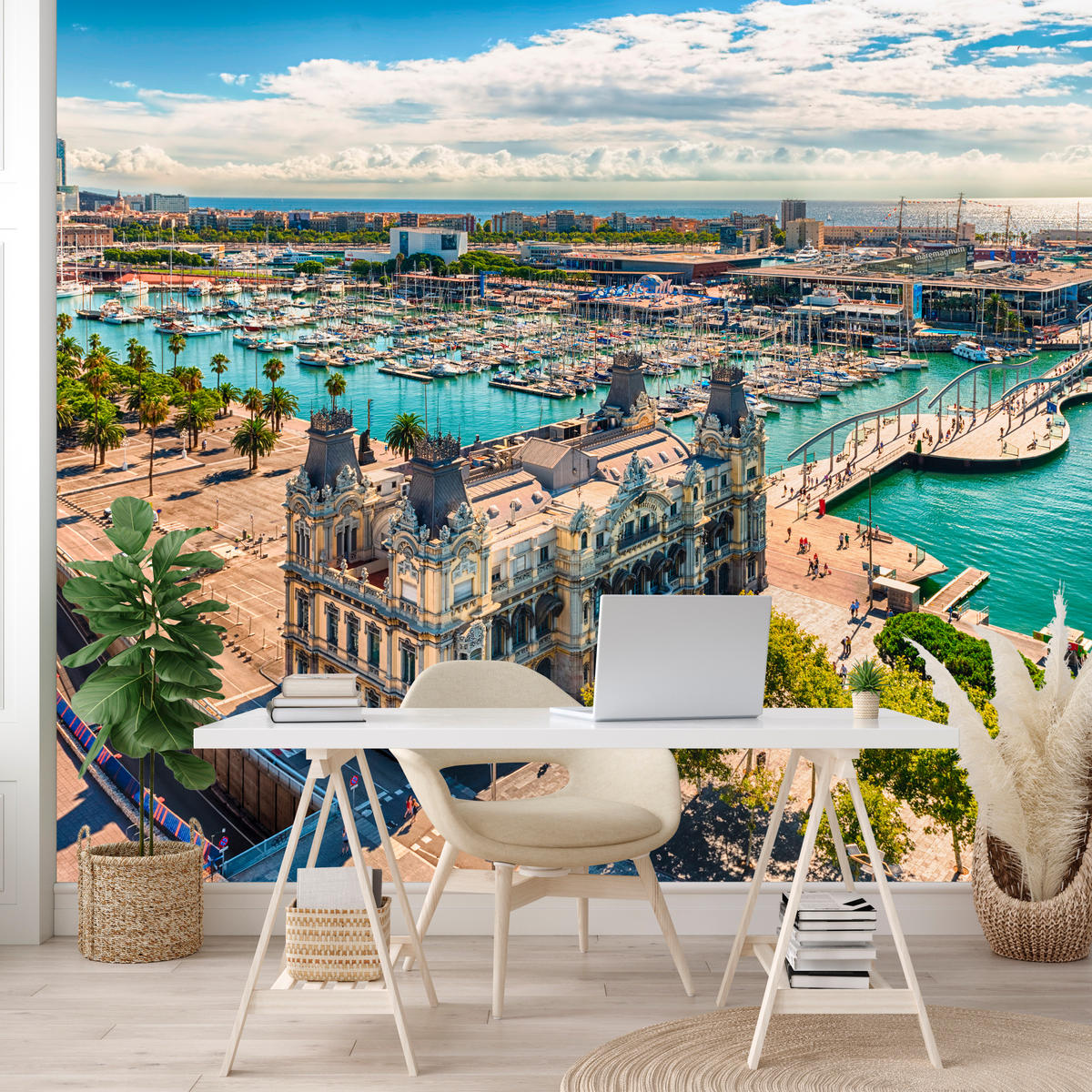 FOTOTAPETE für Wohnzimmer Barcelona Hafen Boote Denkmäler 350x256 - Türkis/Beige, Papier (350/256cm) - Muralo