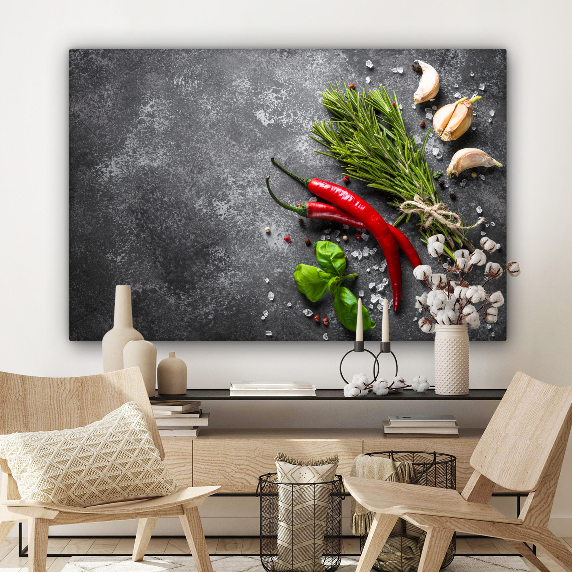 LEINWANDBILD Pfeffer - Kräuter - Gewürze - Beton Groß 140x90 cm - Dunkelgrau, Textil (140/90cm) - MuchoWow
