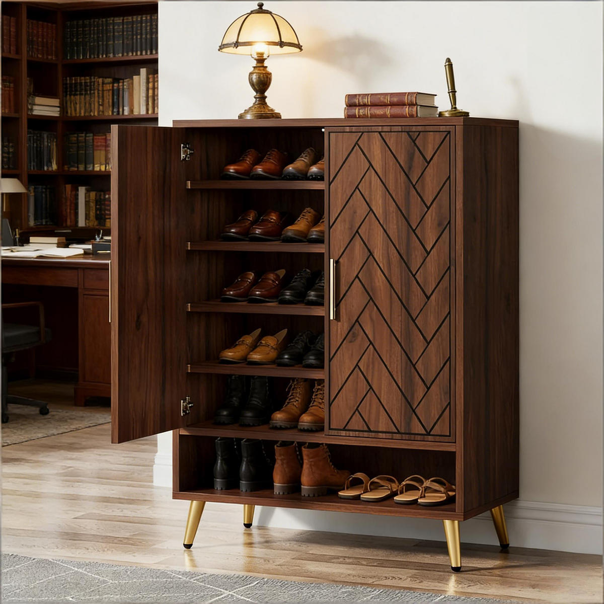 SCHUHSCHRANK mit 7 Ebenen, Chevron-Muster, Nussbaumoptik - Walnussfarben, Holzwerkstoff (75/110/35cm) - Urban Meuble