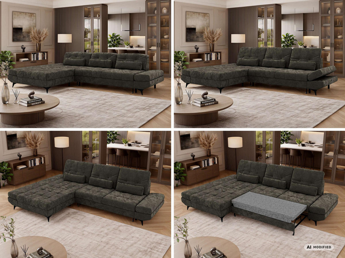 ECKSOFA ALVENO L - Dunkelgrau Schenille glatt - Links Seite - Dunkelgrau/Schwarz, Textil/Metall (218/344cm) - MKS