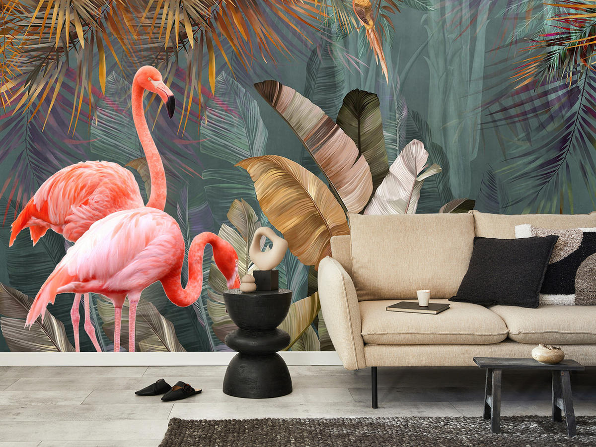 FOTOTAPETE für Wohnzimmer Flamingos Dschungel Blätter Tropisch 450x315 - Multicolor, Papier (450/315cm) - Muralo