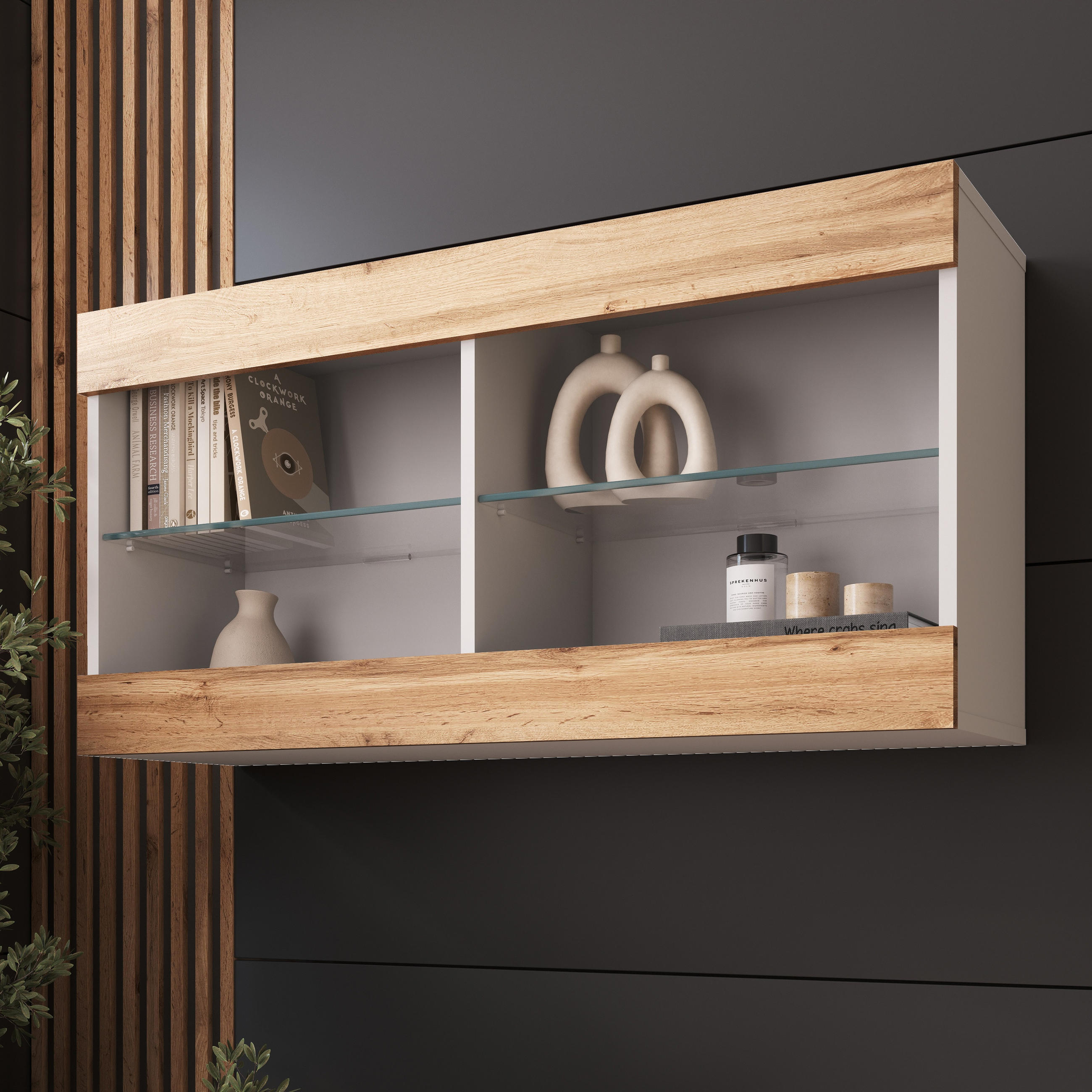 HÄNGEVITRINE TIVOLI HORIZONTAL 100, Wotan - Eiche Wotan/Weiß, Glas/Holzwerkstoff (100/50/29.5cm) - Komodee