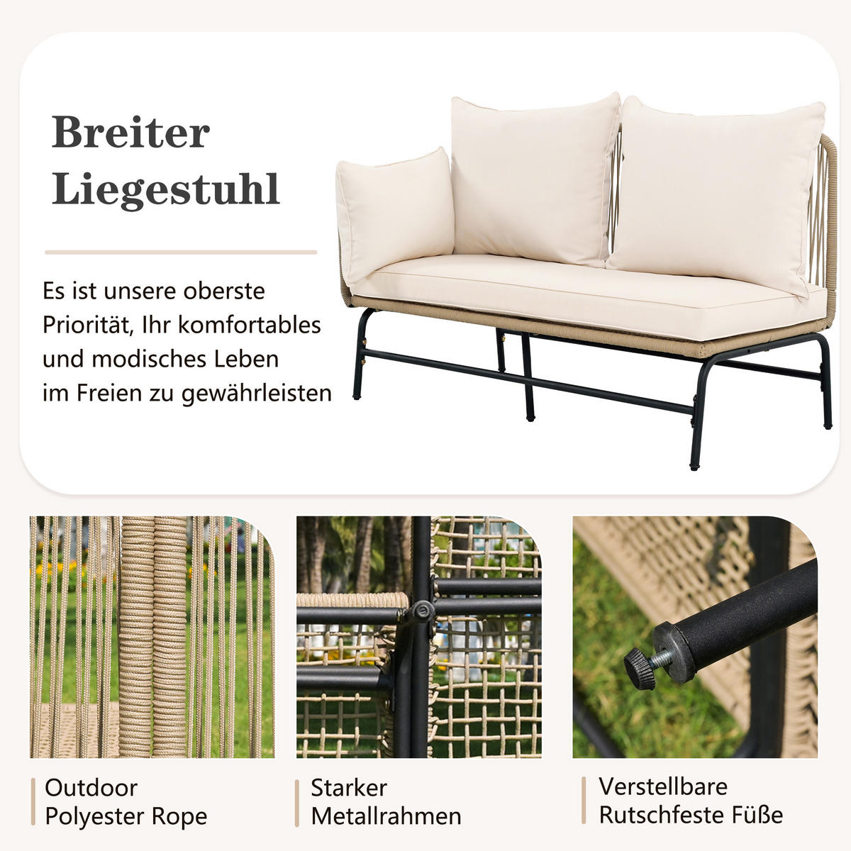 GARTENLOUNGE Set mit Eisengestell und beigem Seil LForm Gesprächsset mit Tisch Gewebtes Seil für Garten Terrasse Beige - Beige, Metall - FLIEKS