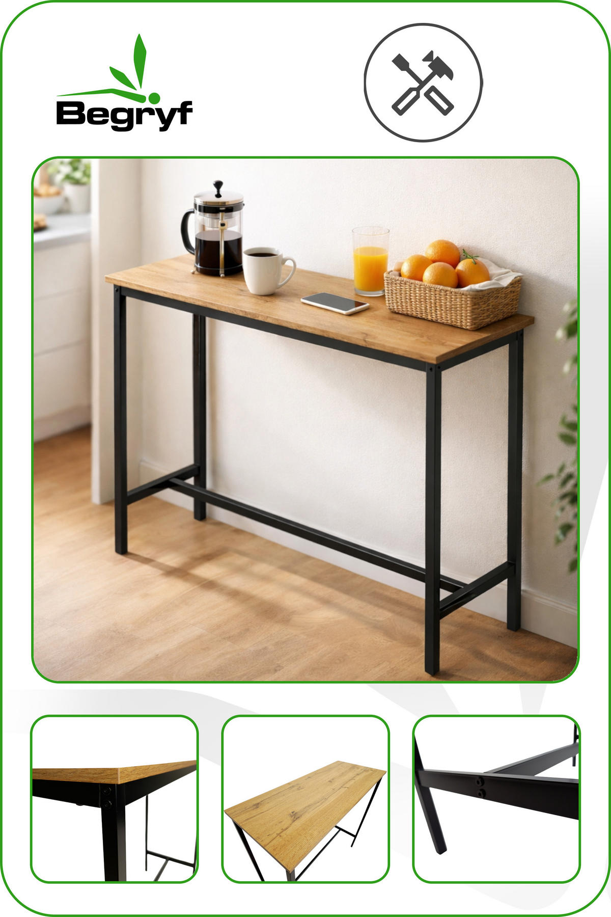 BARTISCH Holzoptik Metall Eichefarben Schwarz Küchentisch 100×40×90 cm - Eichefarben/Schwarz, Holzwerkstoff/Metall (40/100/90cm) - Begryf