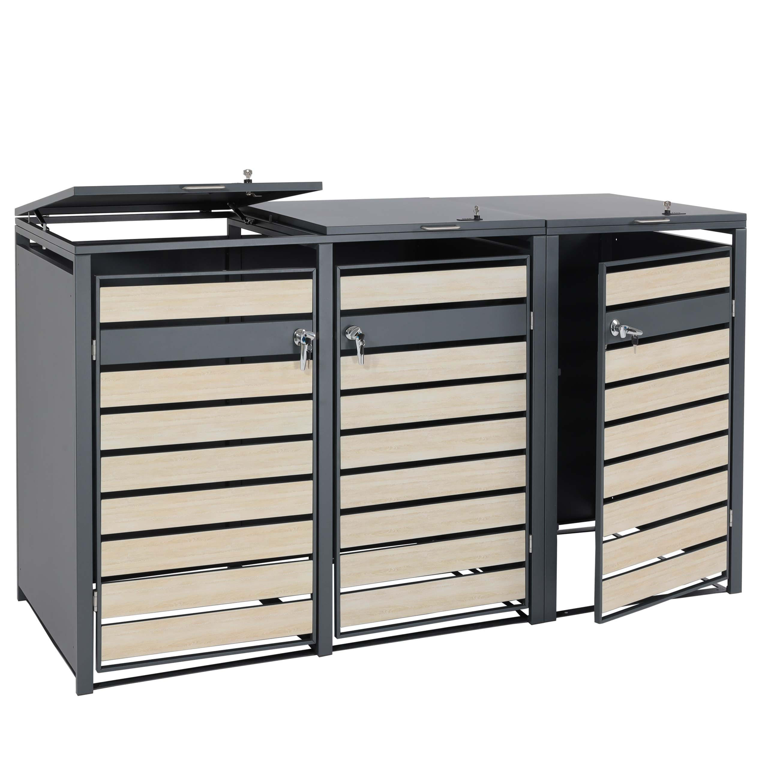 MÜLLTONNENBOX 3er/6er XL 117x215x98cm Metall 95kg Anthrazit Buche-Holzoptik Hellbraun - Hellbraun, Metall (215/117/98cm) - PROREGAL