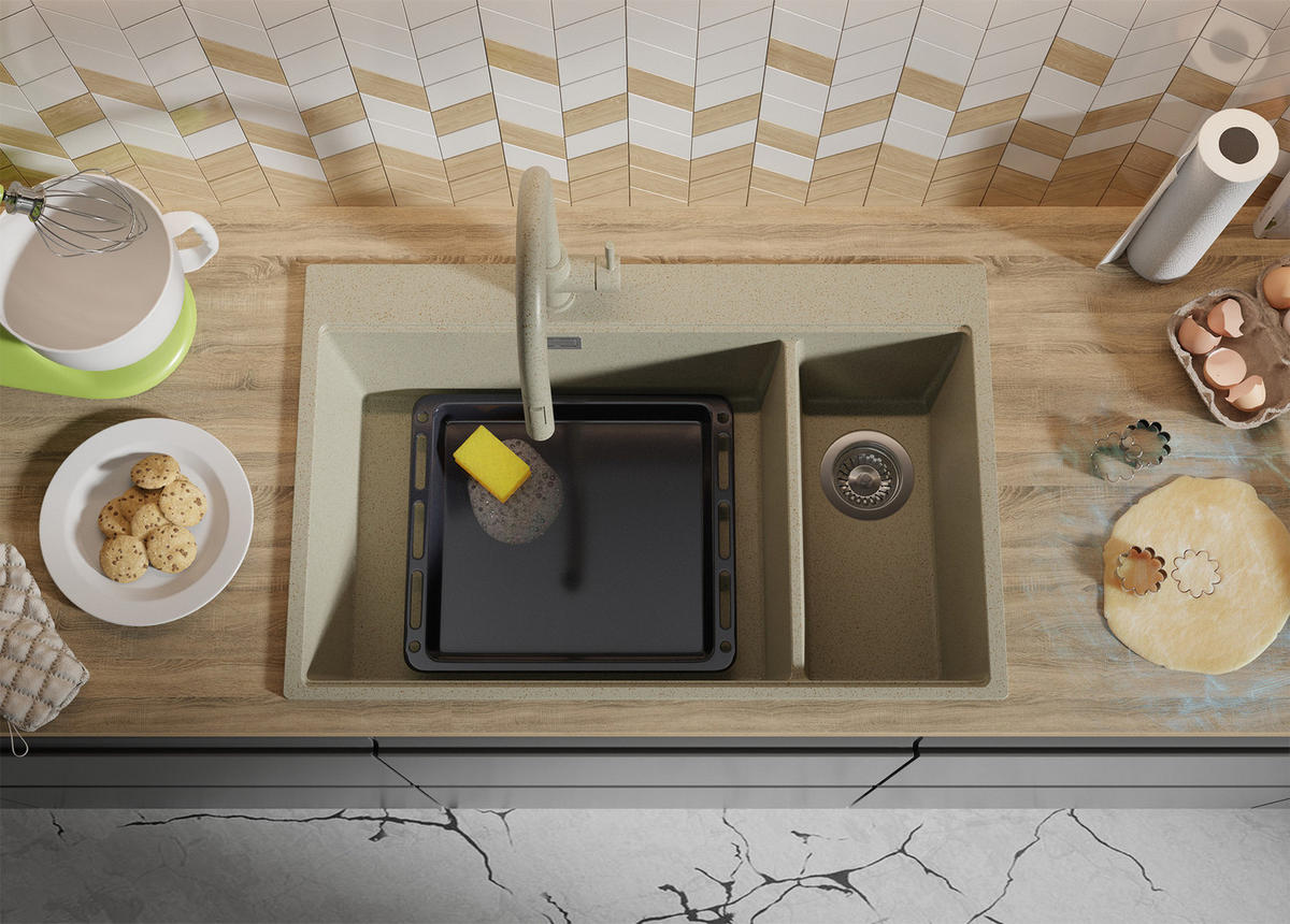 SPÜLBECKEN Oslo Duo, 2-er set Beige 78/50 cm 2 Becken + Ablauf-Set + Schneidebrett ab 80er Unterschrank - Chromfarben/Beige, Kunststoff (78/20/50cm) - Primagran