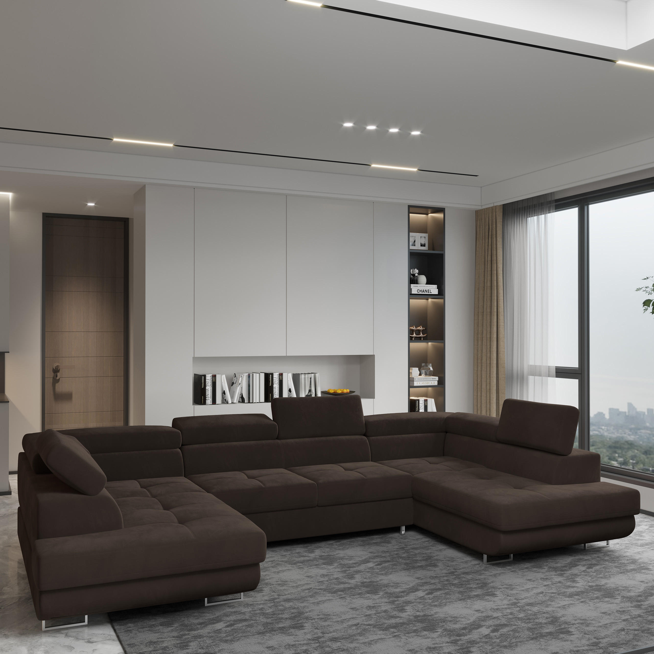 WOHNLANDSCHAFT RAGGIO Braun Velours-Stoff mit Schlaffunktion - Braun, Holz (336/90/202cm) - MASSENO