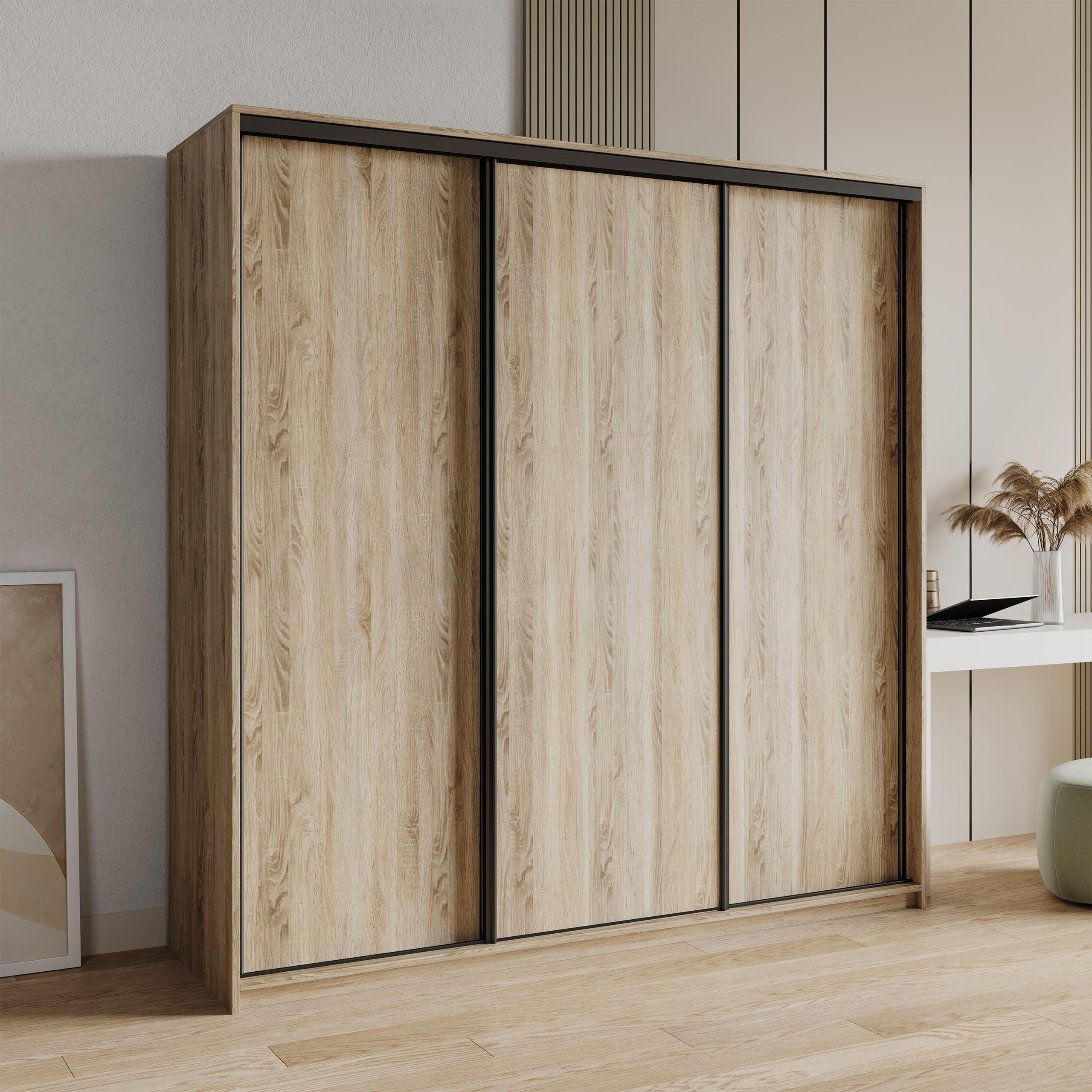 SCHWEBETÜRENSCHRANK NISSE 180/205/60 cm 3-türig mit Schubladen Sonoma Eiche - Schwarz/Sonoma Eiche, Holzwerkstoff (180/205/60cm) - MASSENO
