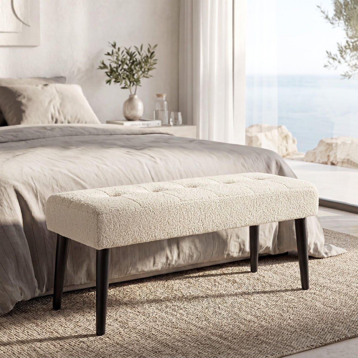 SITZBANK Glora, Belastbarkeit 220 kg, 95 x 38 x 45 cm, Bouclé creme - Creme, Holz (95/45/38cm) - tectake