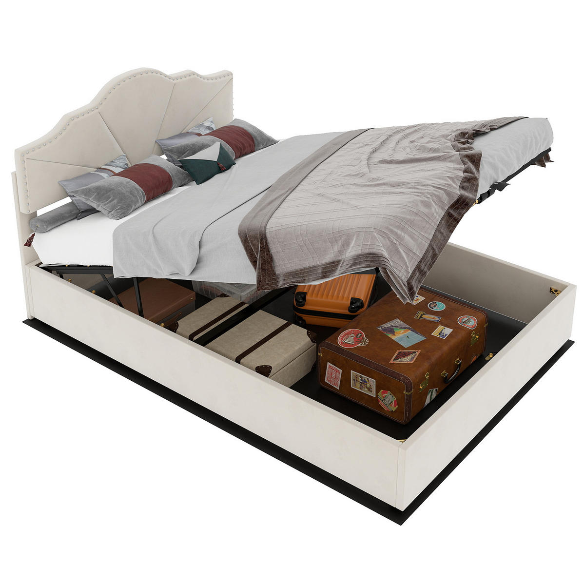 POLSTERBETT 140x200 cm Samt Stauraum hydraulisch beige - Beige, Textil (140/200cm) - Fortuna Lai