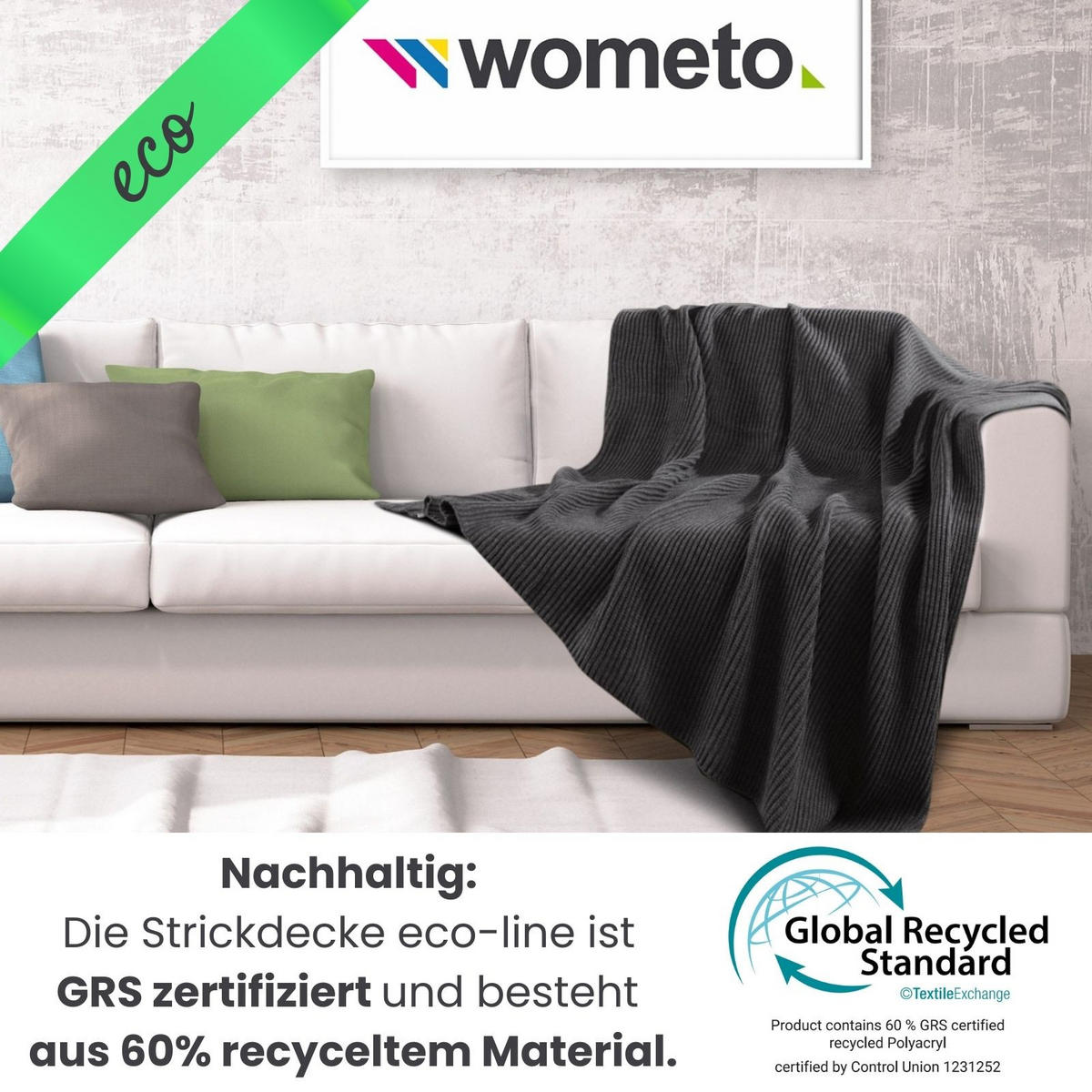 STRICKDECKE eco-line dunkelgrau 140/190 cm aus 60% recycelten Materialien - Dunkelgrau, Textil (140/190cm) - wometo