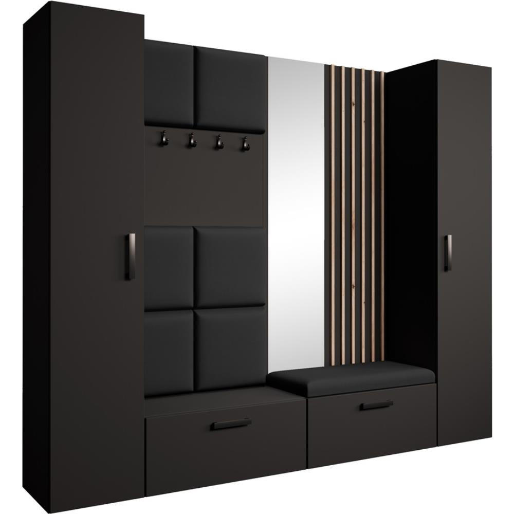 GARDEROBE Margaret XL 242/203/43 mit gepolsterten Paneelen/Lamellen/Spiegel - Schwarz/Eiche Artisan, Holzwerkstoff/Kunststoff (242/203/43cm) - Beautysofa