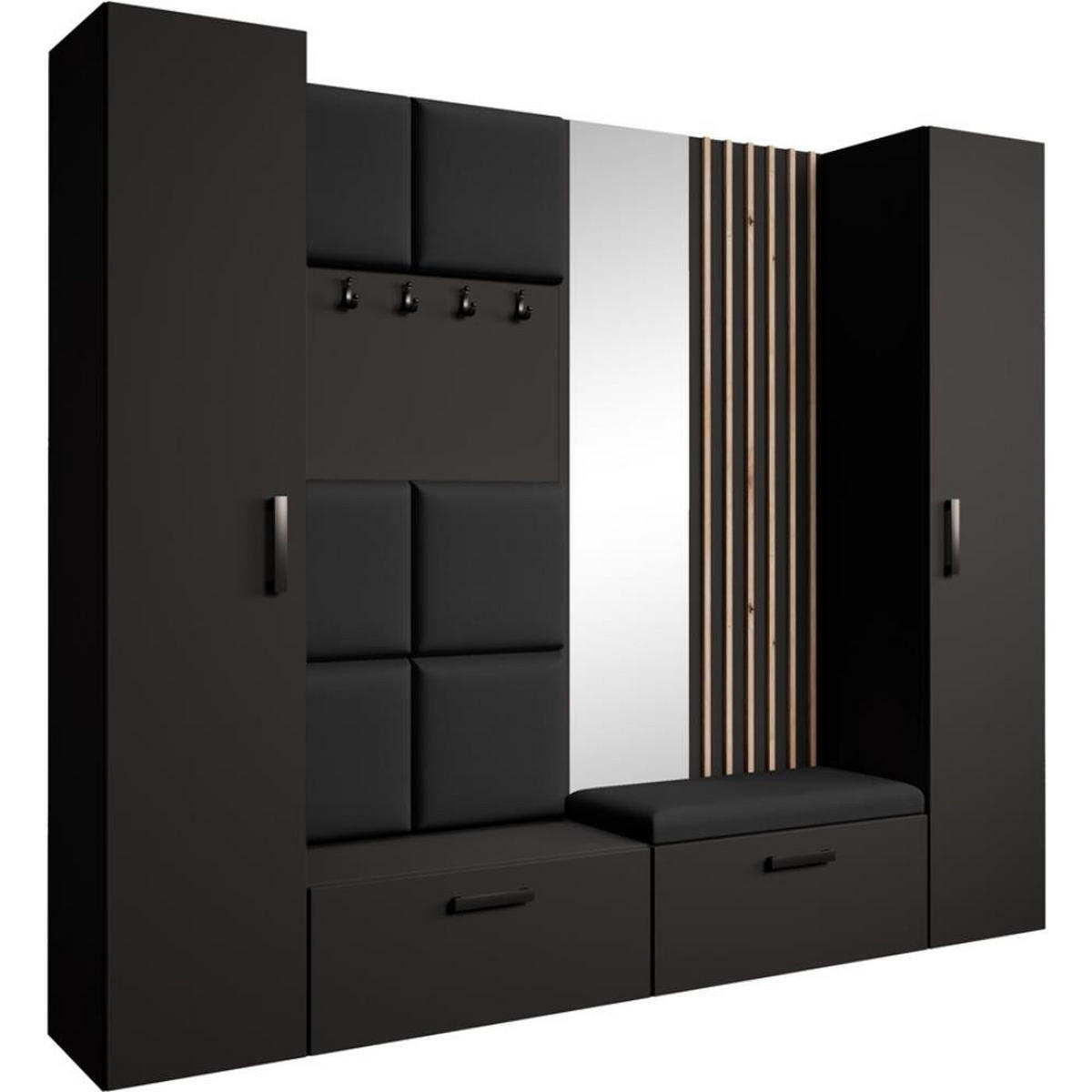 GARDEROBE Margaret XL 242/203/43 mit gepolsterten Paneelen/Lamellen/Spiegel - Schwarz/Eiche Artisan, Holzwerkstoff/Kunststoff (242/203/43cm) - Beautysofa
