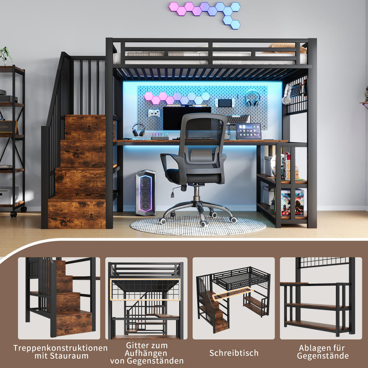 HOCHBETT 90/200 cm, Schwarz mit Schreibtisch, LED-Lichtleiste - Schwarz, Metall (90/200cm) - MIVRAY