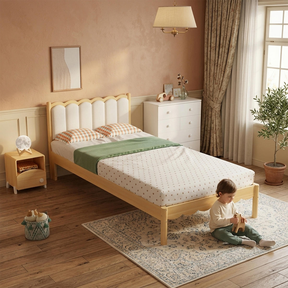 POLSTERBETT 90/200 cm in Beige und Natur mit Wellenoptik - Beige/Naturfarben, Holzwerkstoff/Textil (90/200cm) - WISHDOR