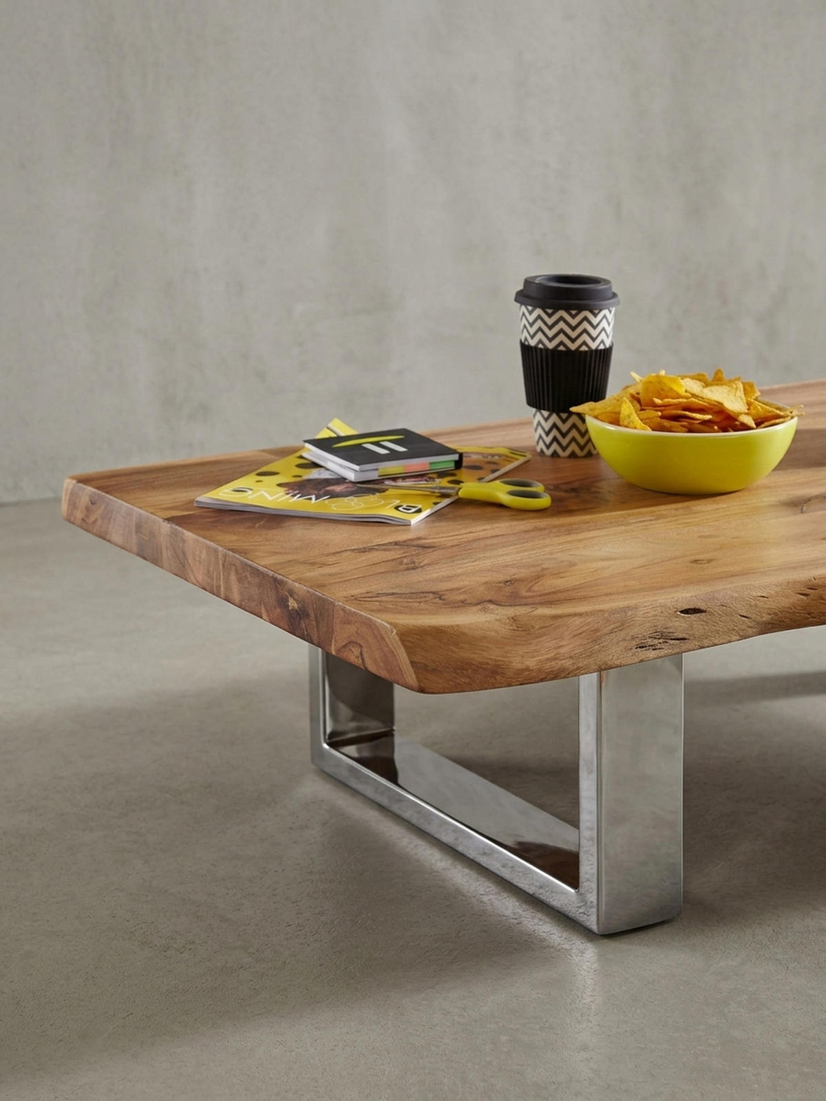 COUCHTISCH Akazienholz Massiv, Baumkanten Design, Landhausstil, Metallbeine Stabil - Beige/Silberfarben, Holz/Metall (58/115/25cm) - KADIMA DESIGN