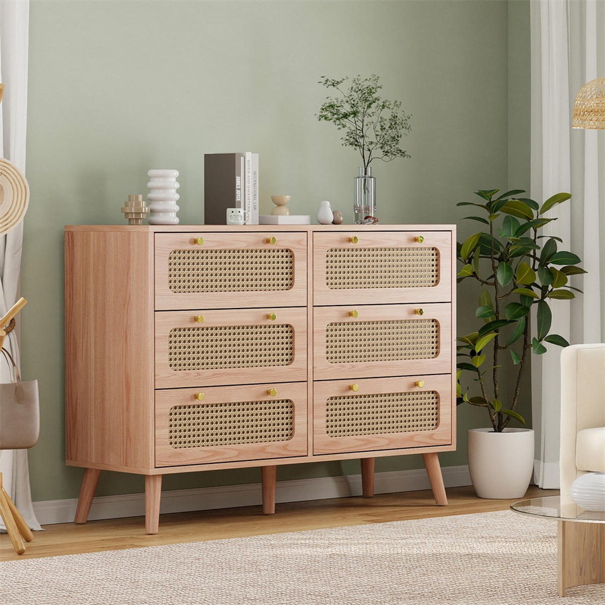 KOMMODE mit 6 Schubladen - Beine aus Massivholz - Rattan-Kommode für Wohnzimmer und Schlafzimmer - Eiche - Eichefarben, Holzwerkstoff (100/73/34cm) - DELFA