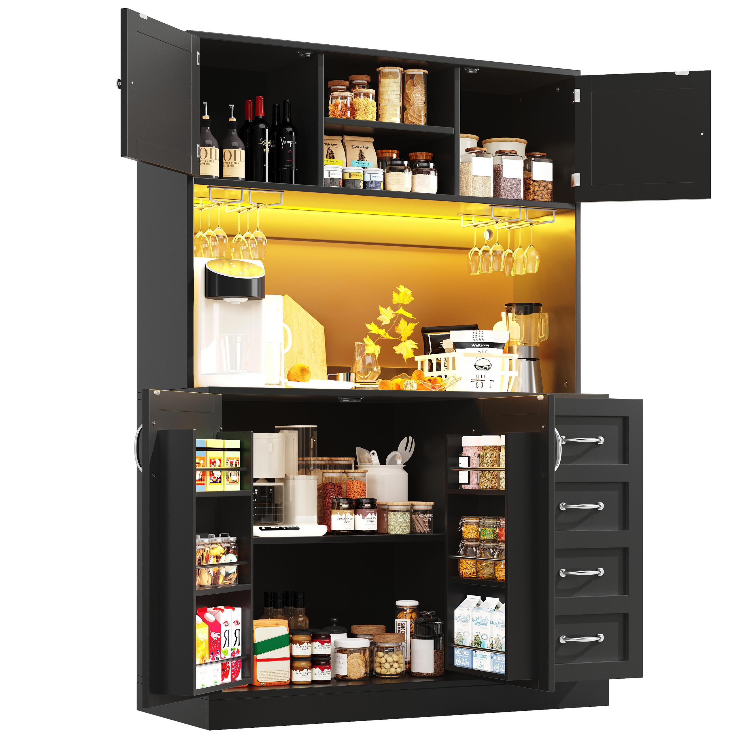 BUFFETSCHRANK 120/40/188 cm schwarz aus MDF mit LED-Beleuchtung - Schwarz, Holzwerkstoff (120/188/40cm) - OKWISH